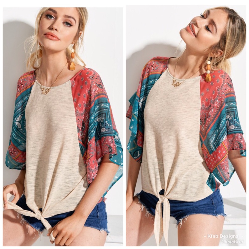 🛍LAST 1! Paisley Ruffled Sleeve Tie Front Top! - Picture 2 of 6